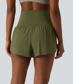 Foldover Super High Waisted Crossover Hem 2-in-1 Quick Dry Workout Shorts with Pockets — Sphagnum — view 2