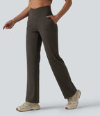 Crossover High Waisted Yoga Bootcut Trousers with Pockets — Hemp Rope Brown — view 3