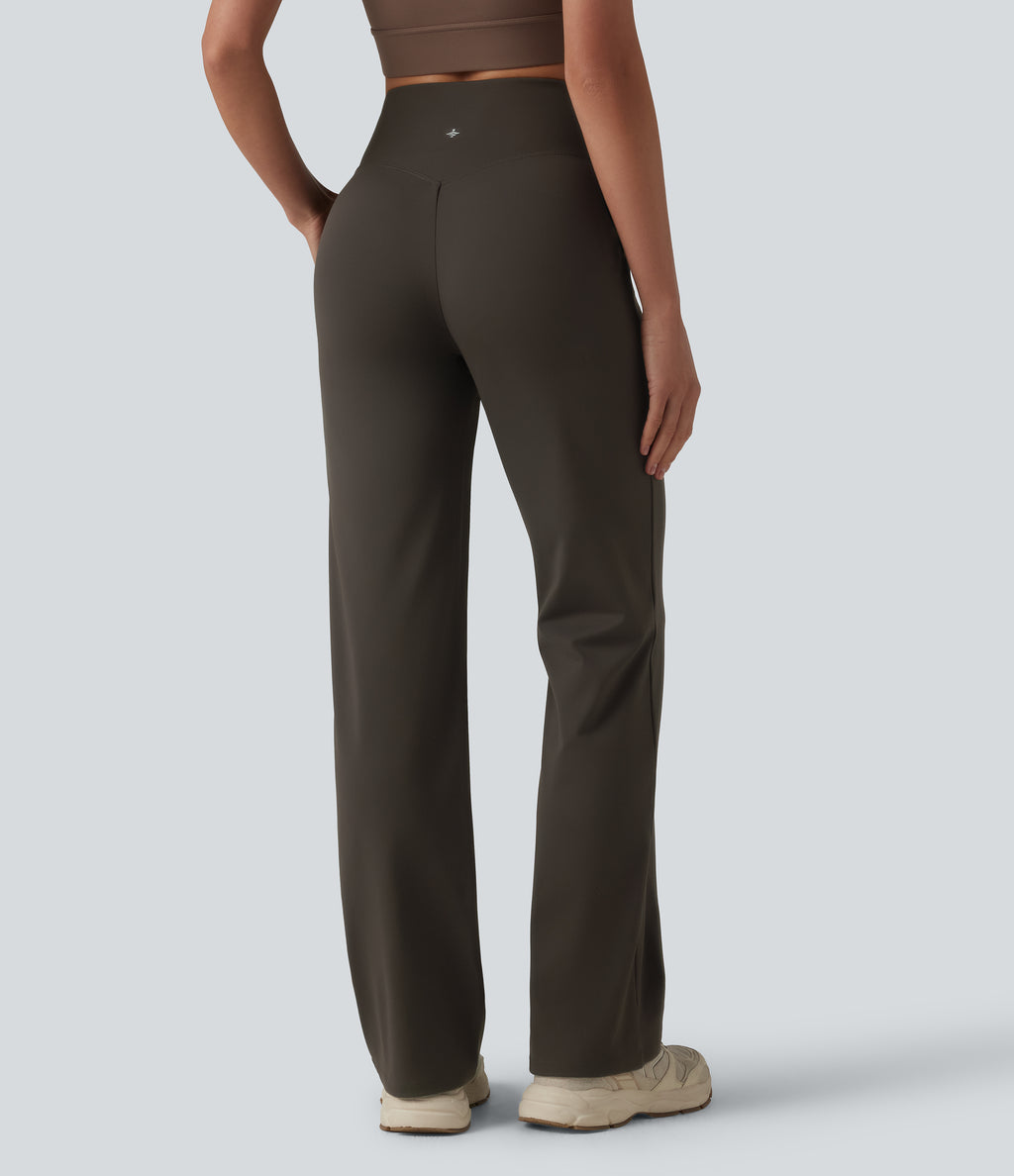 Crossover High Waisted Yoga Bootcut Trousers with Pockets — Hemp Rope Brown — view 1