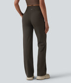 Crossover High Waisted Yoga Bootcut Trousers with Pockets — Hemp Rope Brown — view 1