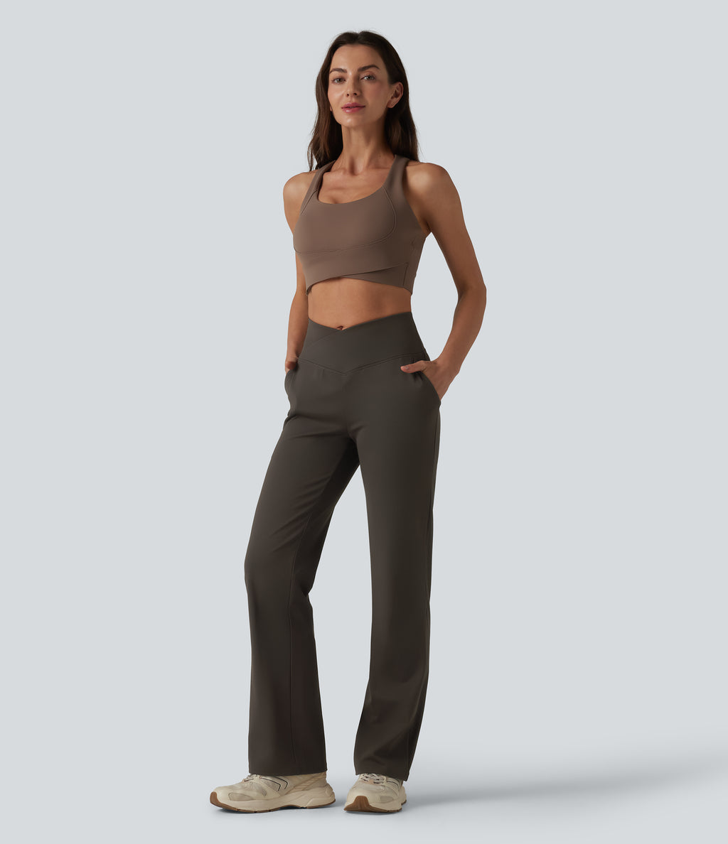 Crossover High Waisted Yoga Bootcut Trousers with Pockets — Hemp Rope Brown — view 6