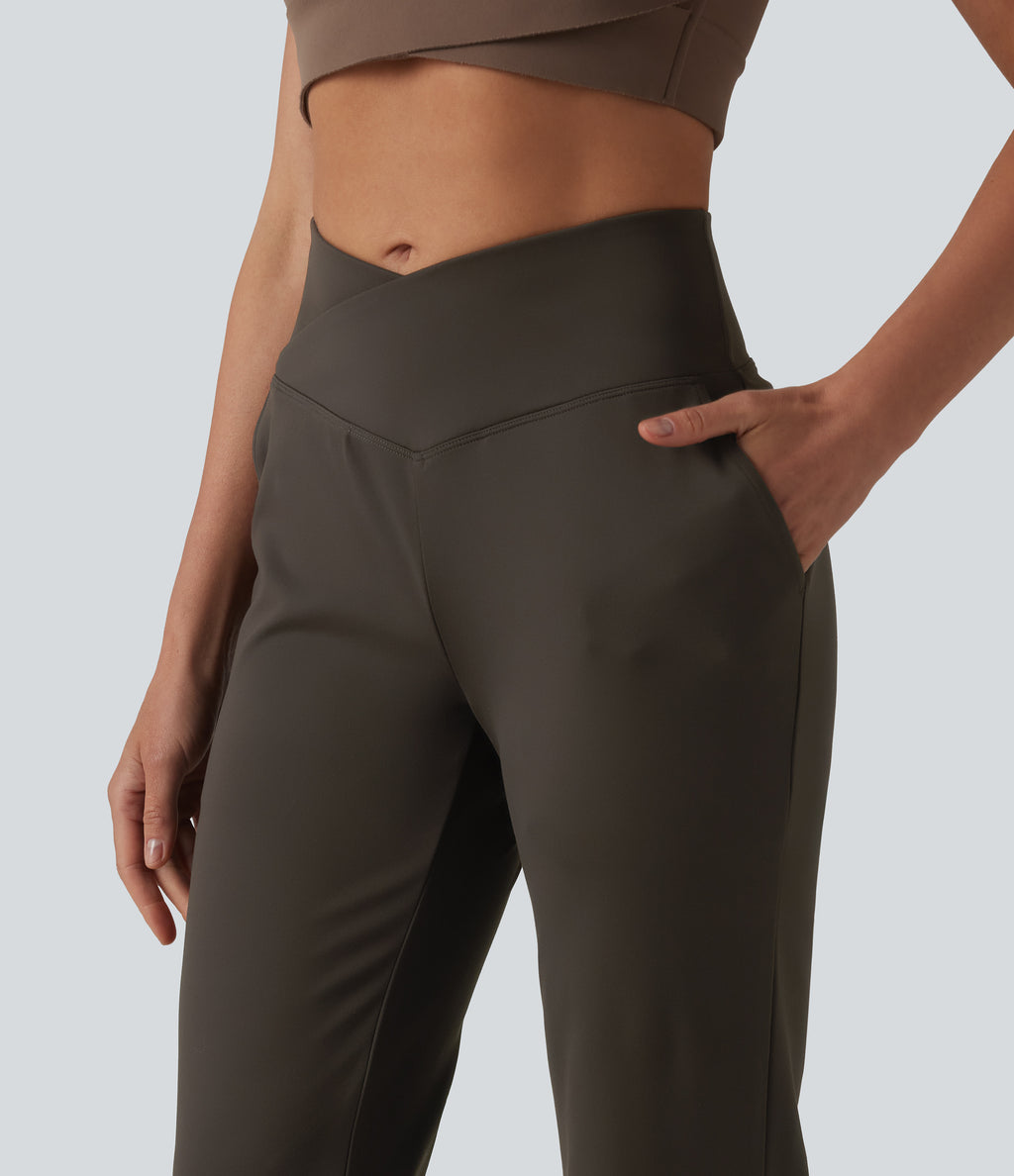 Crossover High Waisted Yoga Bootcut Trousers with Pockets — Hemp Rope Brown — view 4