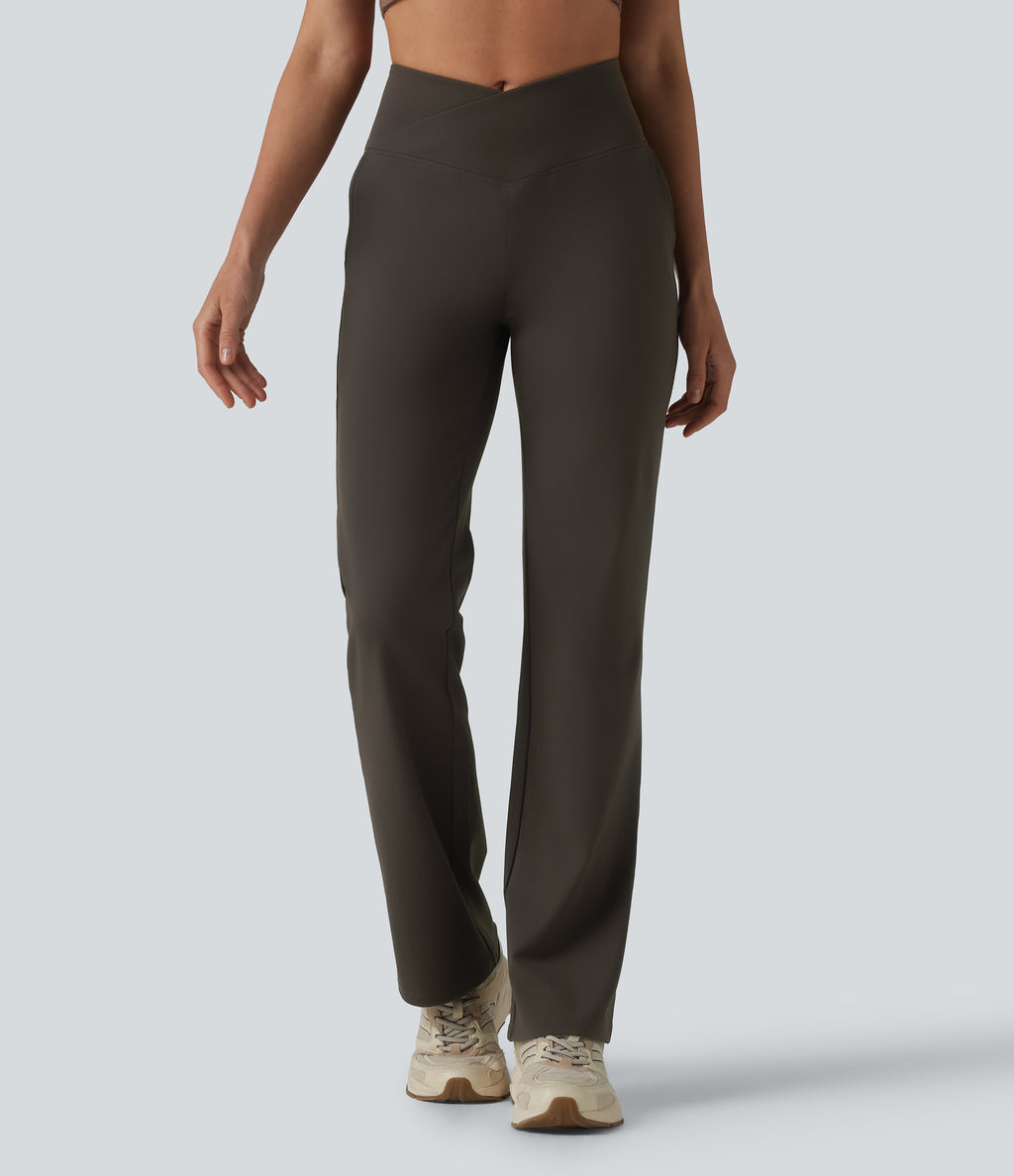 Crossover High Waisted Yoga Bootcut Trousers with Pockets — Hemp Rope Brown — view 2