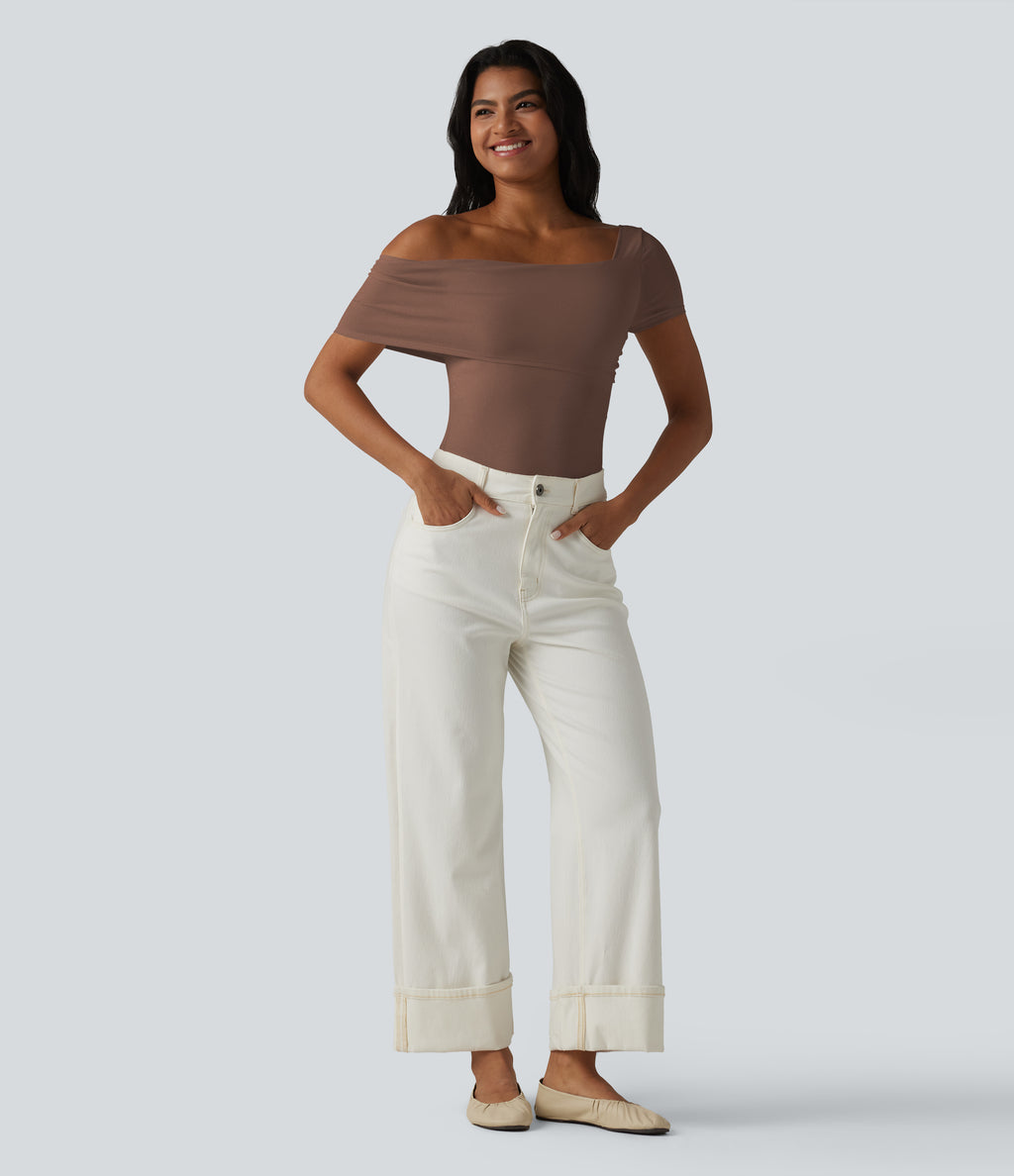 Asymmetrical Neck Short Sleeve Built-in Bra Casual Bodysuit — Cocoa Brown — view 5