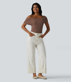 Asymmetrical Neck Short Sleeve Built-in Bra Casual Bodysuit — Cocoa Brown — view 5