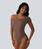 Asymmetrical Neck Short Sleeve Built-in Bra Casual Bodysuit — Cocoa Brown — view 2