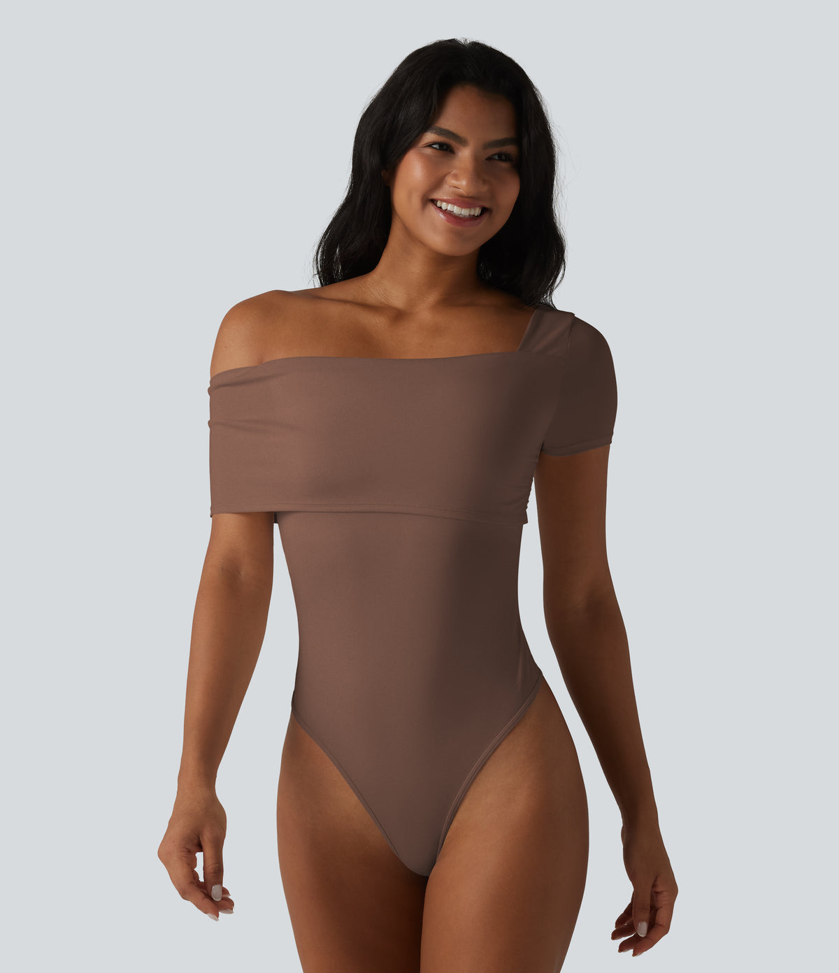Asymmetrical Neck Short Sleeve Built-in Bra Casual Bodysuit — Cocoa Brown — view 4