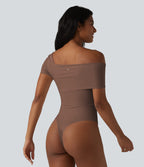 Asymmetrical Neck Short Sleeve Built-in Bra Casual Bodysuit — Cocoa Brown — view 3