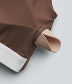 Asymmetrical Neck Short Sleeve Built-in Bra Casual Bodysuit — Cocoa Brown — view 6