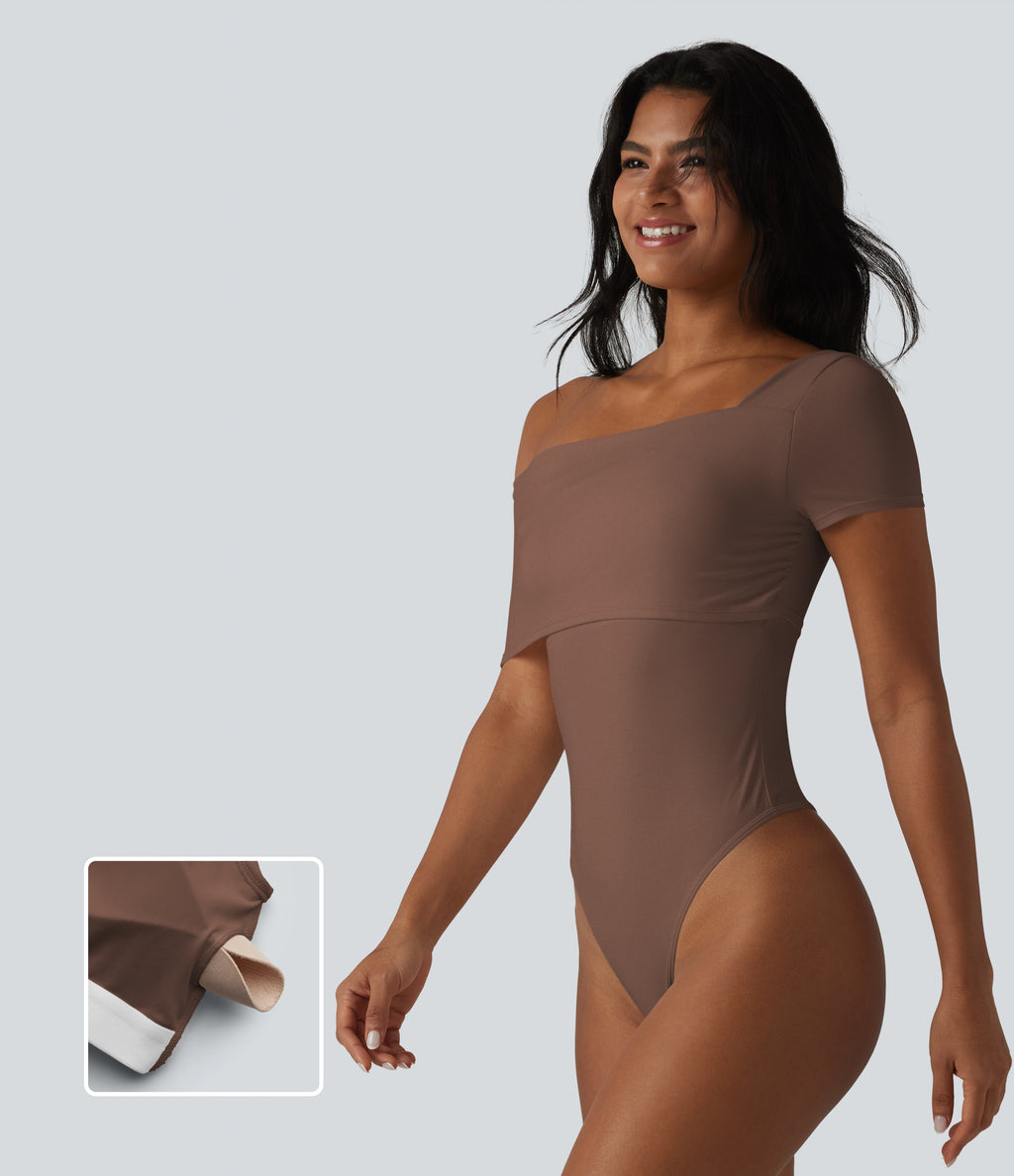 Asymmetrical Neck Short Sleeve Built-in Bra Casual Bodysuit — Cocoa Brown — view 1