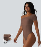 Asymmetrical Neck Short Sleeve Built-in Bra Casual Bodysuit — Cocoa Brown — view 1