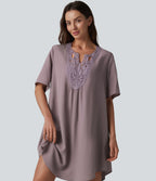 V-neck Short Sleeve Contrast Lace Mini Lyocell Casual Tunic Dress — Purple Dove — view 4