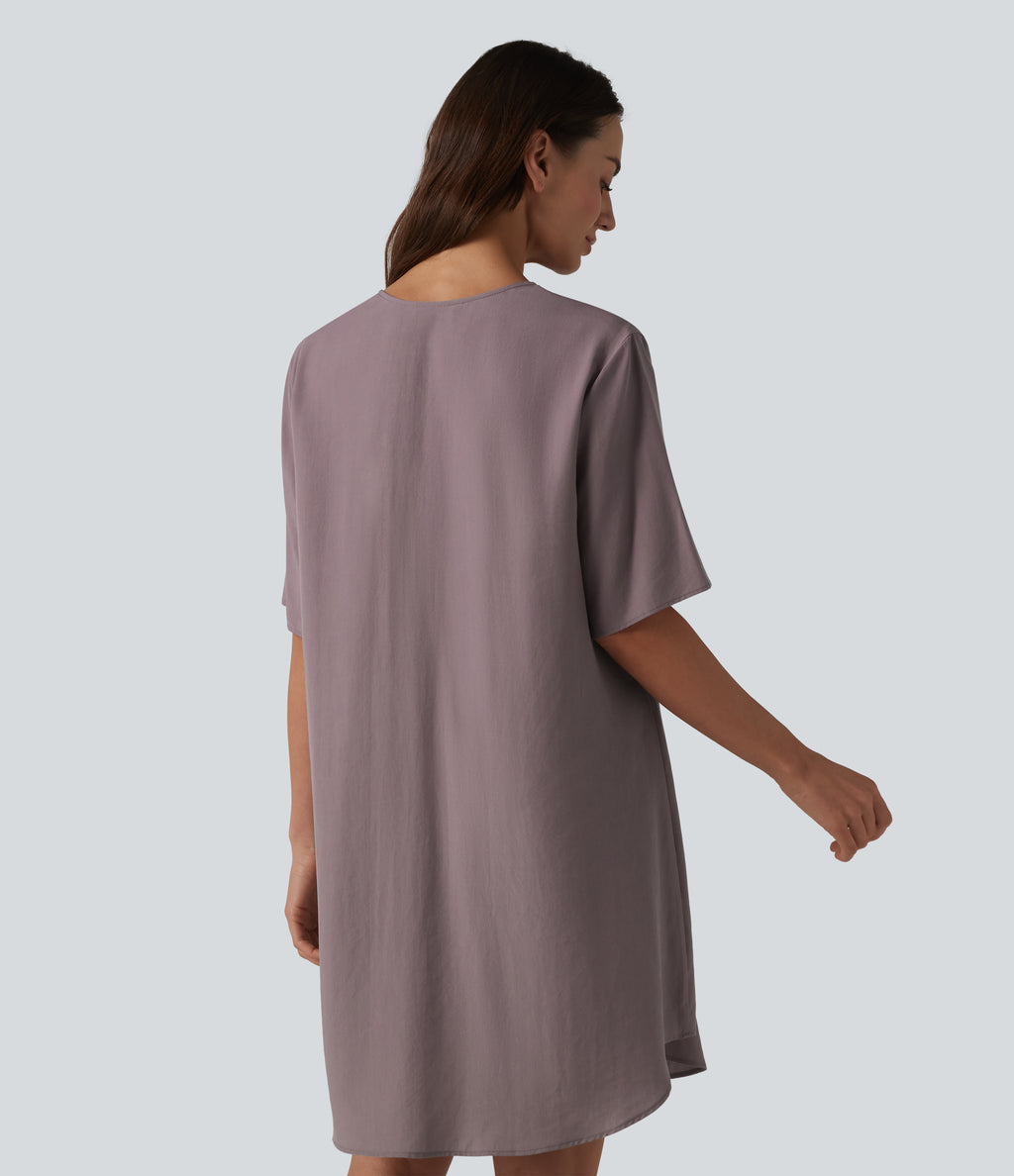 V-neck Short Sleeve Contrast Lace Mini Lyocell Casual Tunic Dress — Purple Dove — view 2