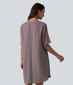 V-neck Short Sleeve Contrast Lace Mini Lyocell Casual Tunic Dress — Purple Dove — view 2