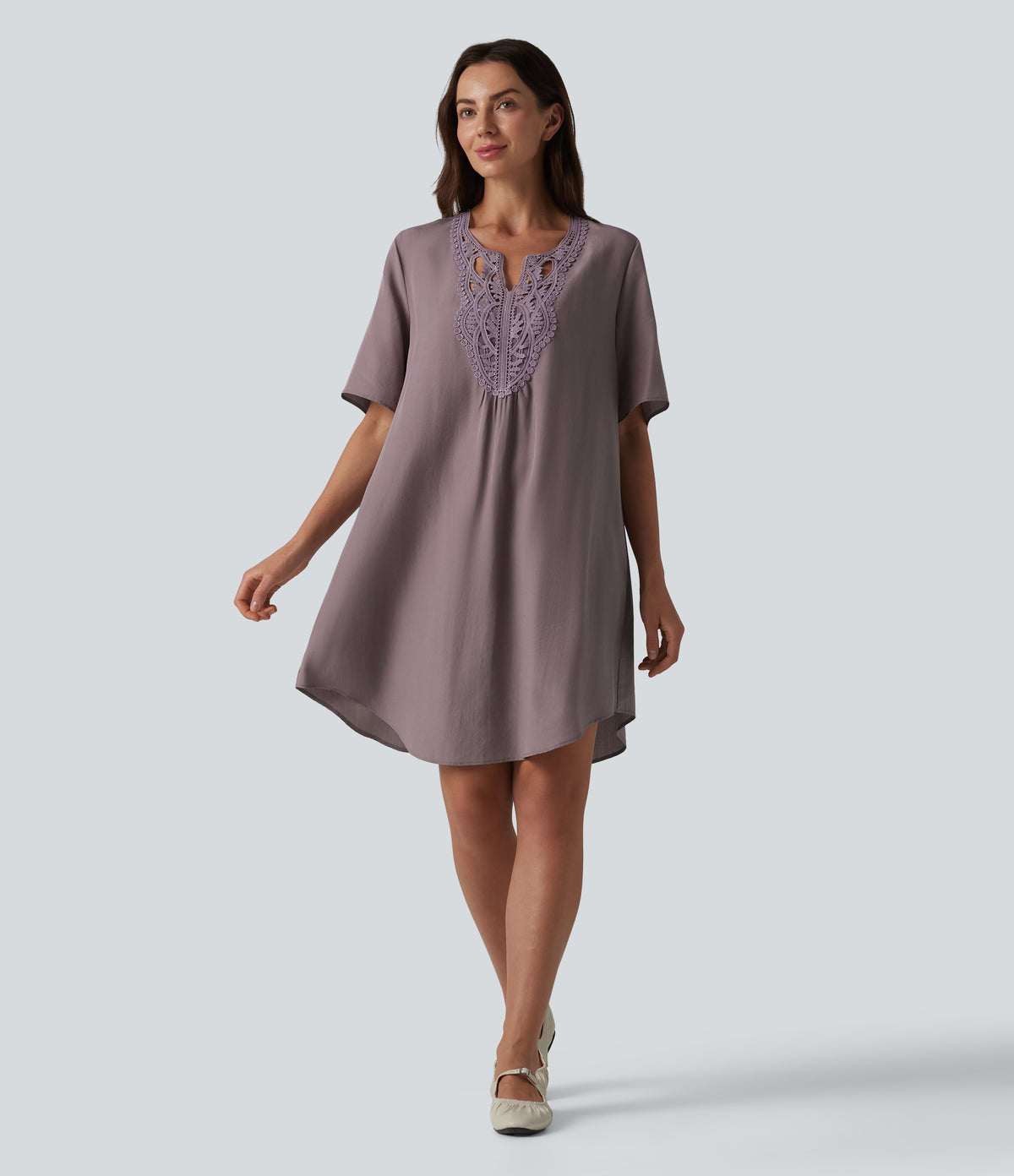 V-neck Short Sleeve Contrast Lace Mini Lyocell Casual Tunic Dress — Purple Dove — view 5