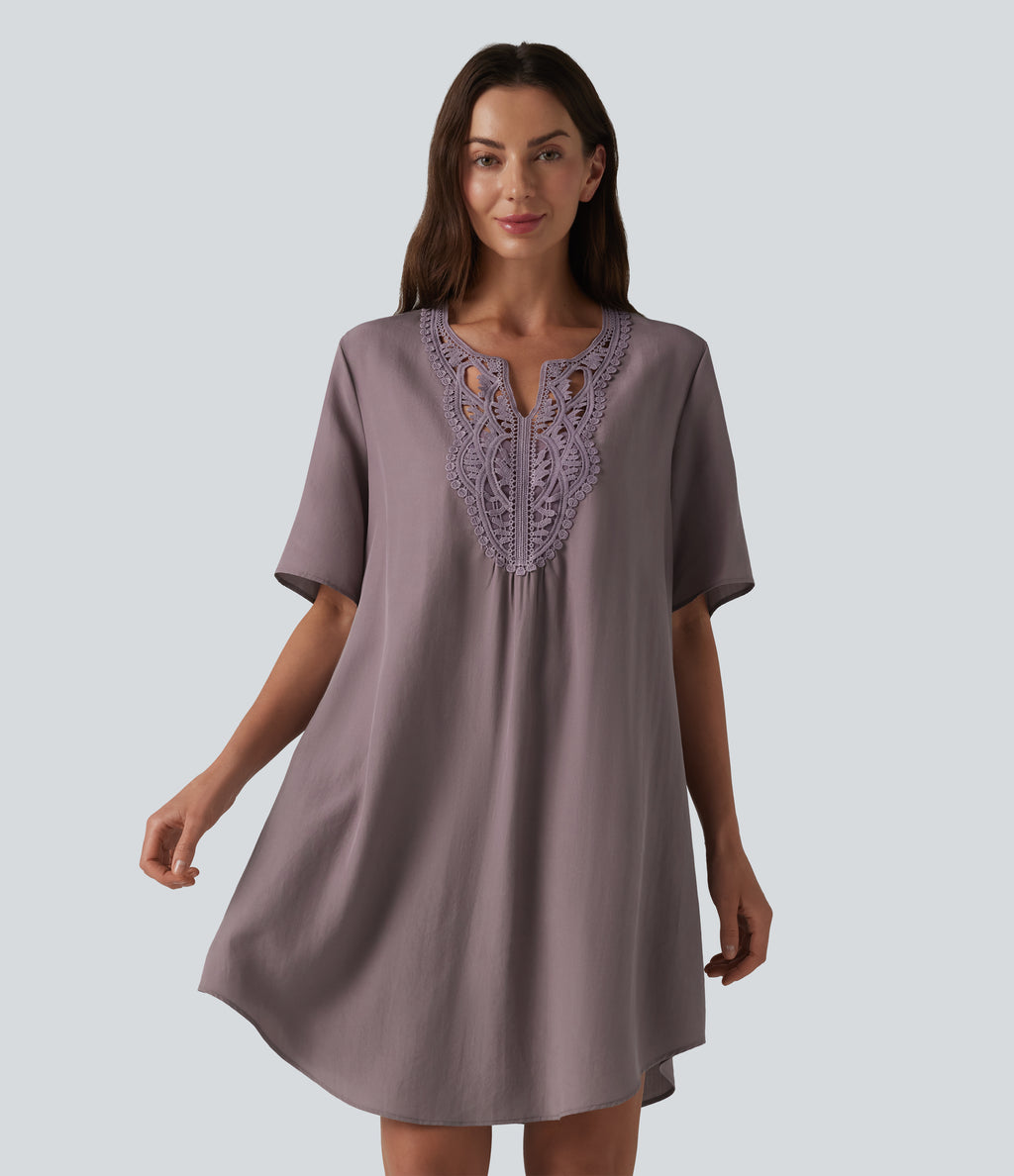 V-neck Short Sleeve Contrast Lace Mini Lyocell Casual Tunic Dress — Purple Dove — view 1