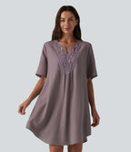 V-neck Short Sleeve Contrast Lace Mini Lyocell Casual Tunic Dress — Purple Dove — view 1