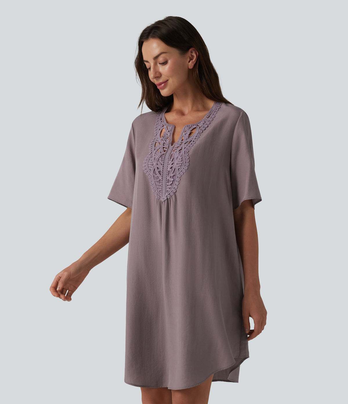 V-neck Short Sleeve Contrast Lace Mini Lyocell Casual Tunic Dress — Purple Dove — view 3