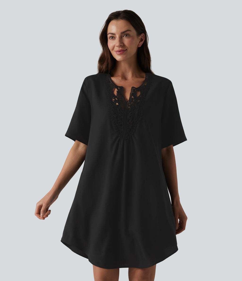 V-neck Short Sleeve Contrast Lace Mini Lyocell Casual Tunic Dress — Black — view 6