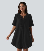 V-neck Short Sleeve Contrast Lace Mini Lyocell Casual Tunic Dress — Black — view 6