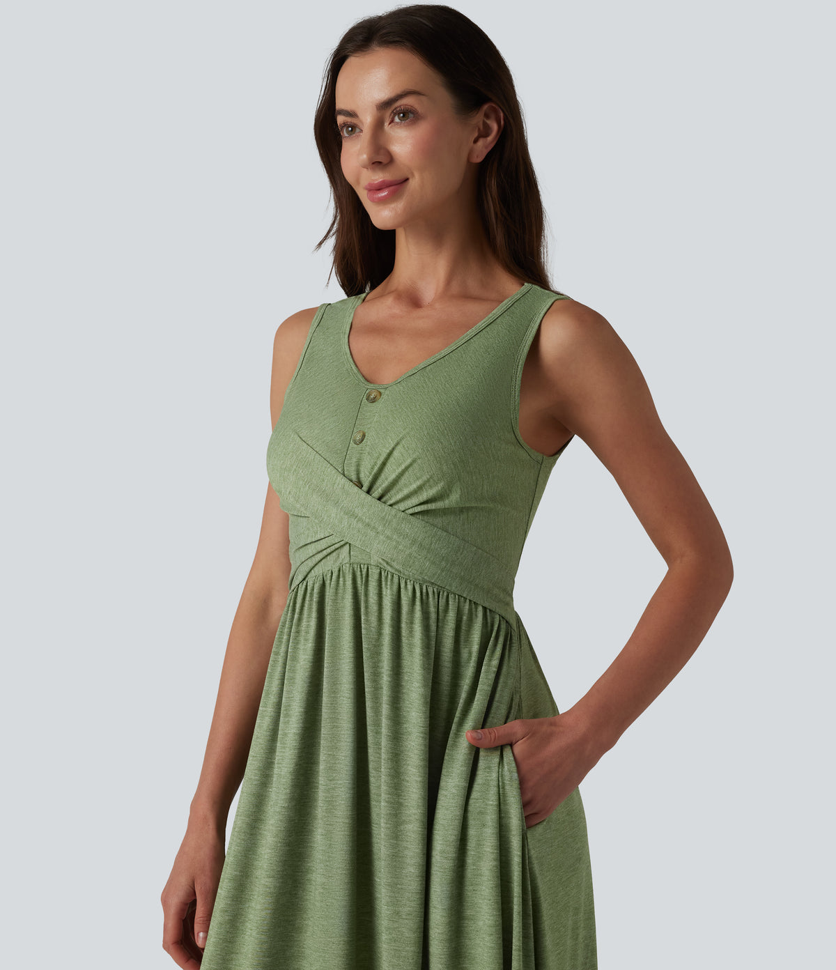 U-neck Sleeveless Crossover Maxi Casual Flowy Dress with Pockets — Light Green Floral Yarn — view 4