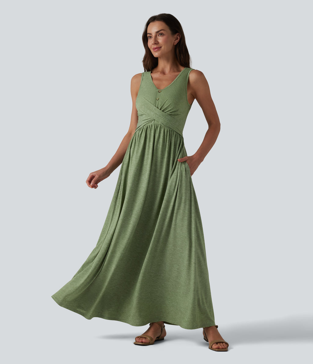 U-neck Sleeveless Crossover Maxi Casual Flowy Dress with Pockets — Light Green Floral Yarn — view 1