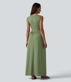 U-neck Sleeveless Crossover Maxi Casual Flowy Dress with Pockets — Light Green Floral Yarn — view 2