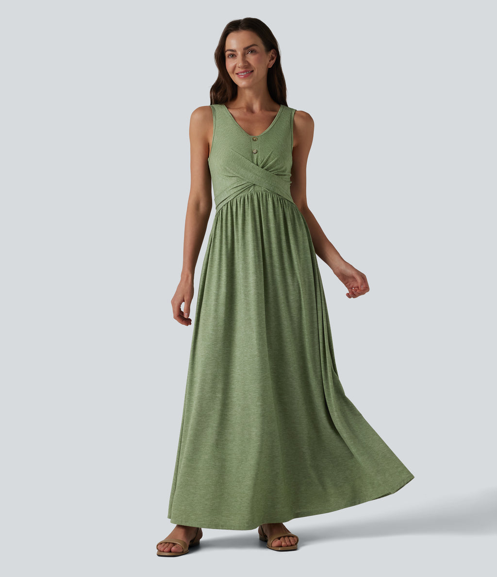 U-neck Sleeveless Crossover Maxi Casual Flowy Dress with Pockets — Light Green Floral Yarn — view 3