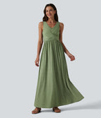 U-neck Sleeveless Crossover Maxi Casual Flowy Dress with Pockets — Light Green Floral Yarn — view 3