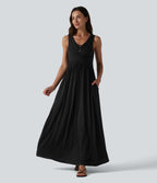 U-neck Sleeveless Crossover Maxi Casual Flowy Dress with Pockets — Black — view 6