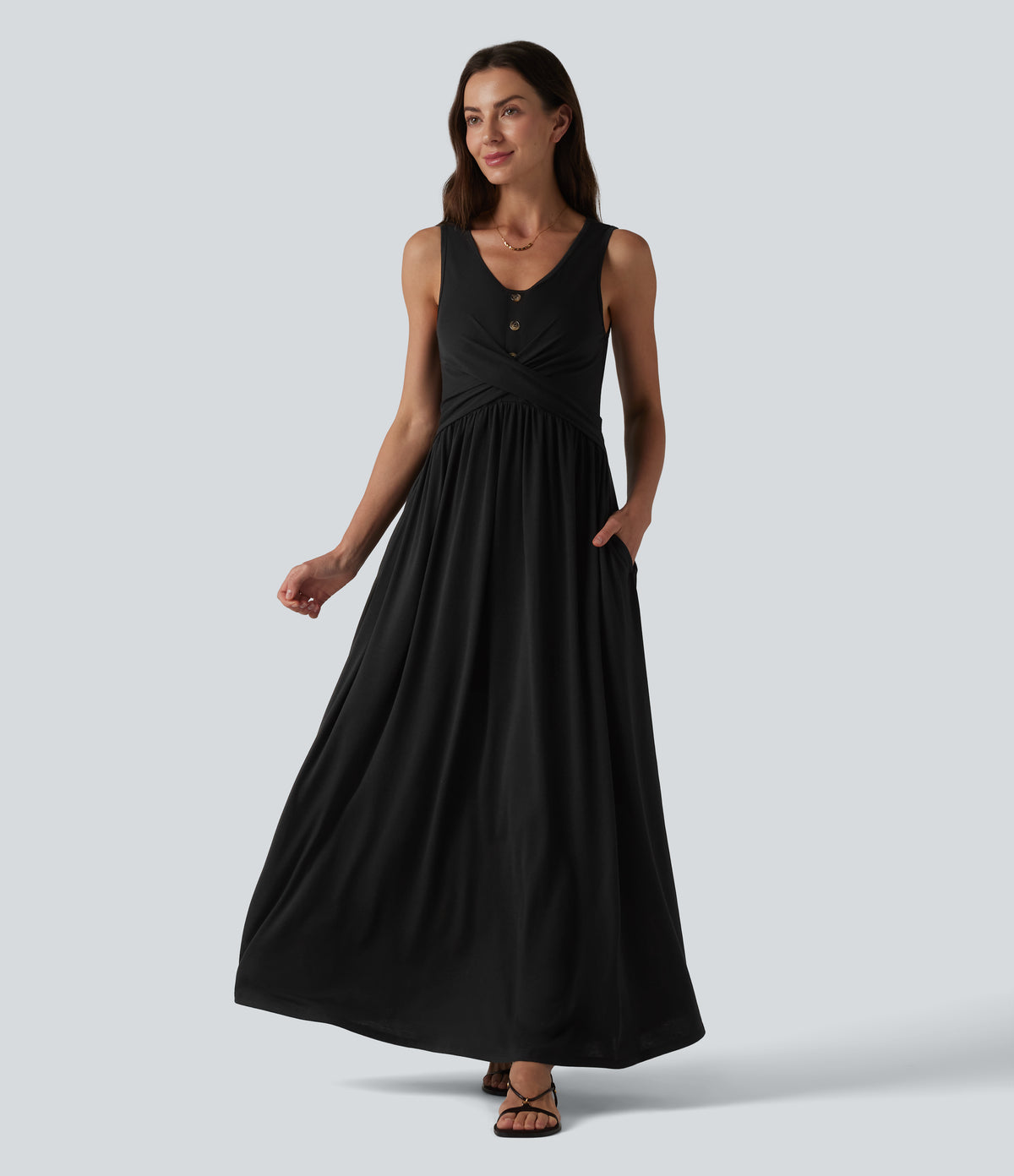 U-neck Sleeveless Crossover Maxi Casual Flowy Dress with Pockets — Black — view 6