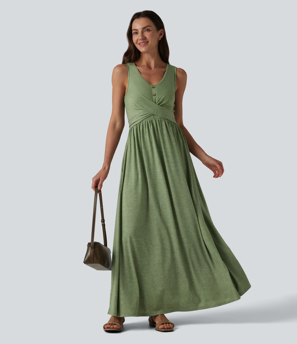U-neck Sleeveless Crossover Maxi Casual Flowy Dress with Pockets — Light Green Floral Yarn — view 5