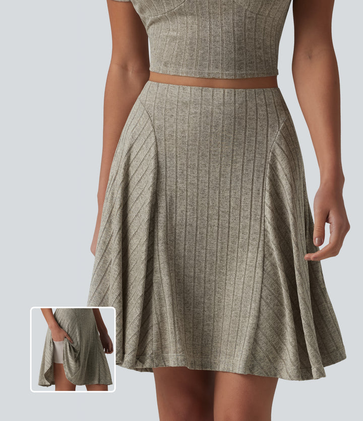 Ribbed Knit High Waisted 2-in-1 Mini Casual Flare Skirt with Pockets — Warm Grey Floral Velvet — view 1