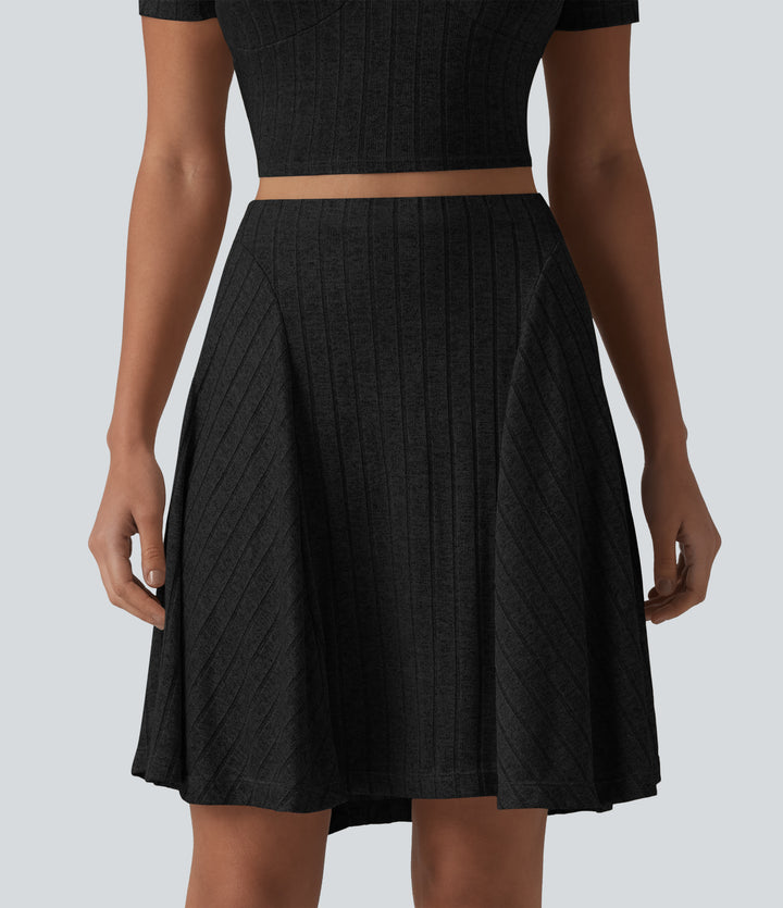 Ribbed Knit High Waisted 2-in-1 Mini Casual Flare Skirt with Pockets — Black — view 8