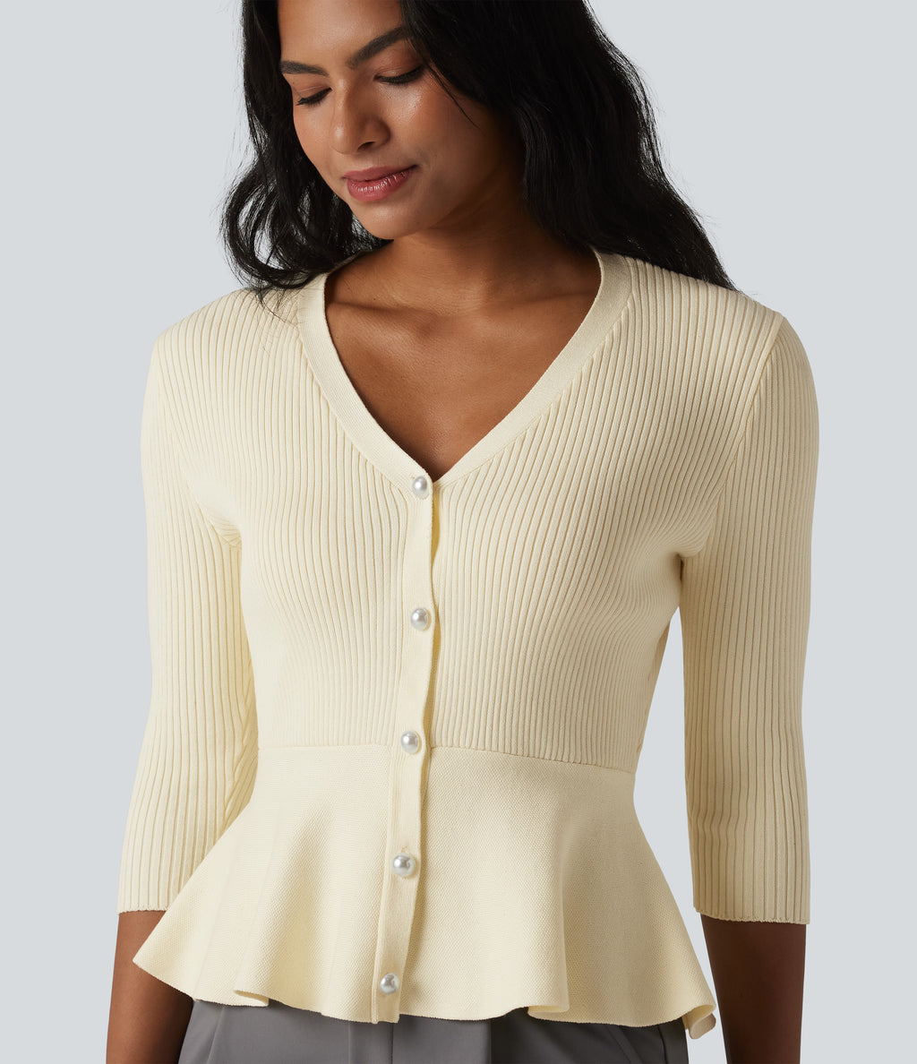 V Neck 3/4 Sleeve Work Peplum Cardigan — Buttercream — view 4