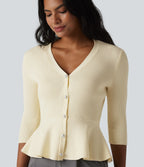 V Neck 3/4 Sleeve Work Peplum Cardigan — Buttercream — view 4