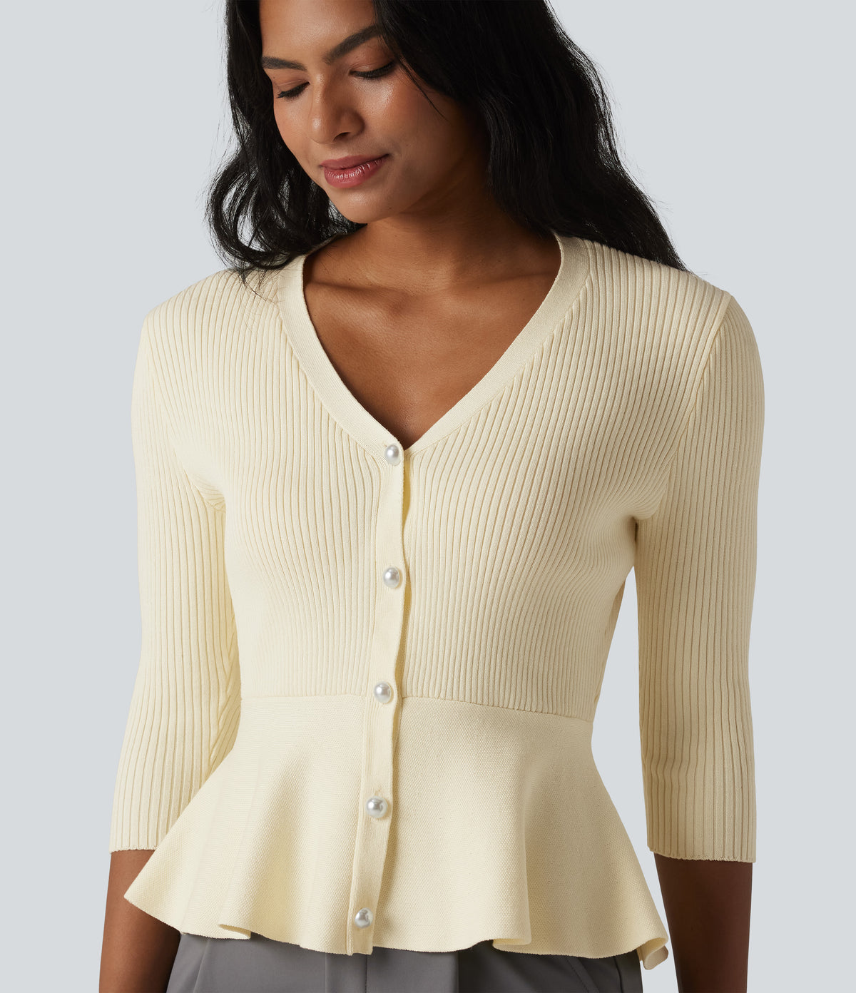 V Neck 3/4 Sleeve Work Peplum Cardigan — Buttercream — view 4