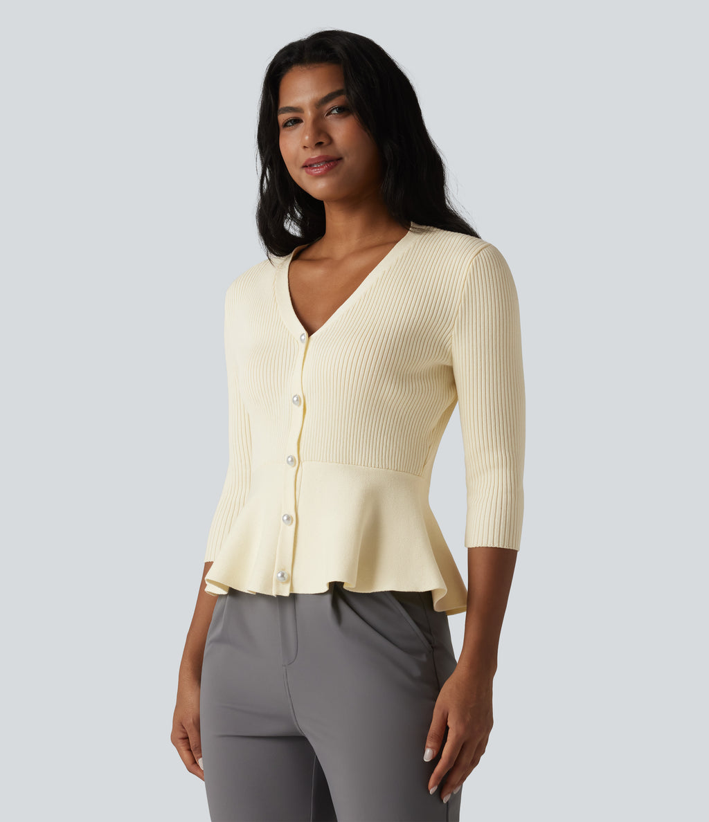 V Neck 3/4 Sleeve Work Peplum Cardigan — Buttercream — view 1