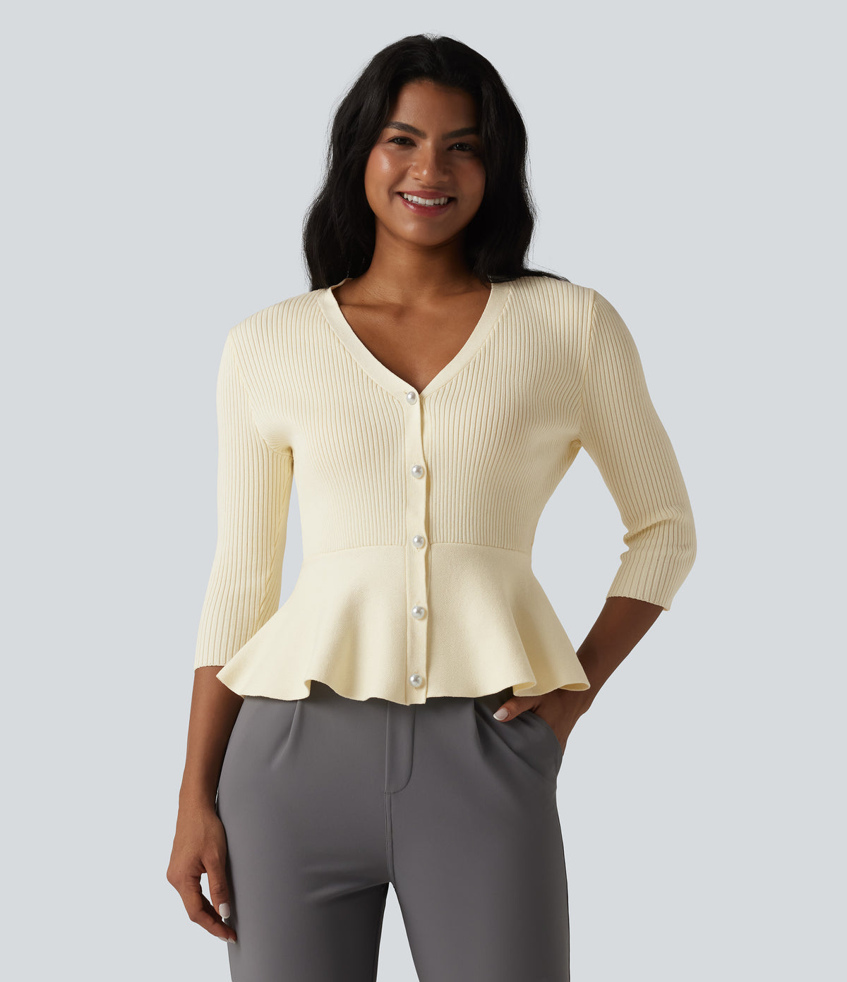 V Neck 3/4 Sleeve Work Peplum Cardigan — Buttercream — view 3