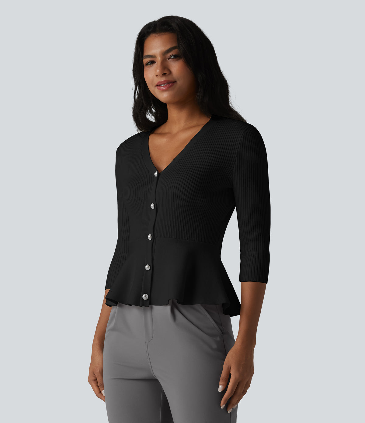 V Neck 3/4 Sleeve Work Peplum Cardigan — Black — view 6