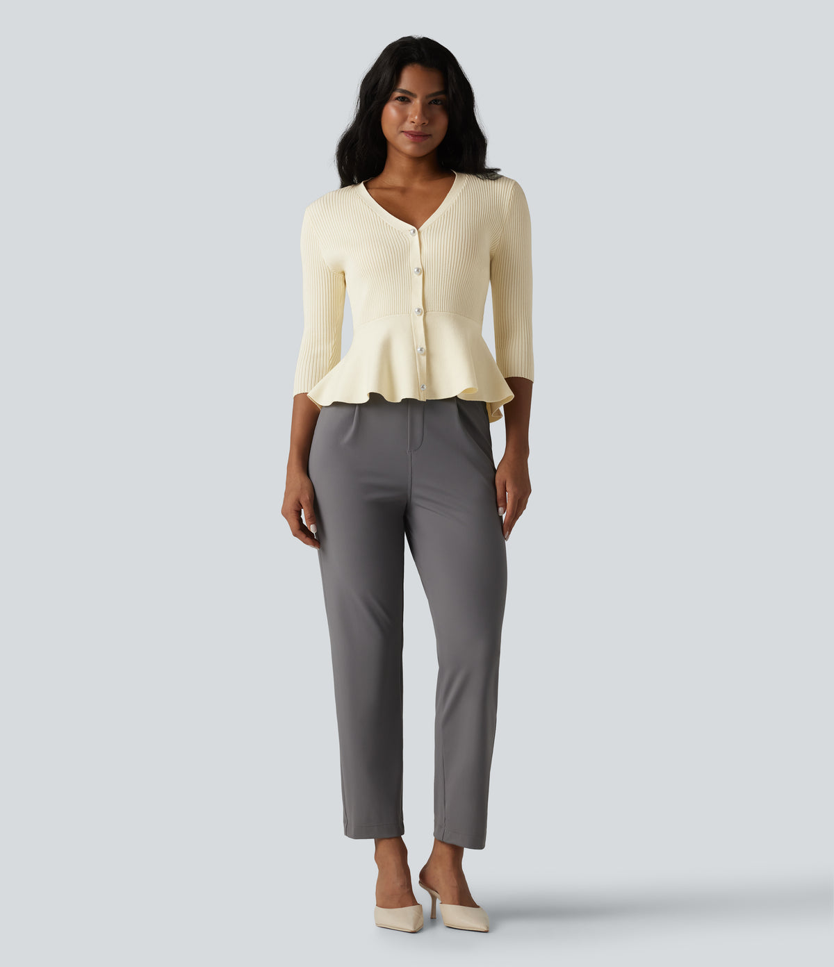 V Neck 3/4 Sleeve Work Peplum Cardigan — Buttercream — view 5