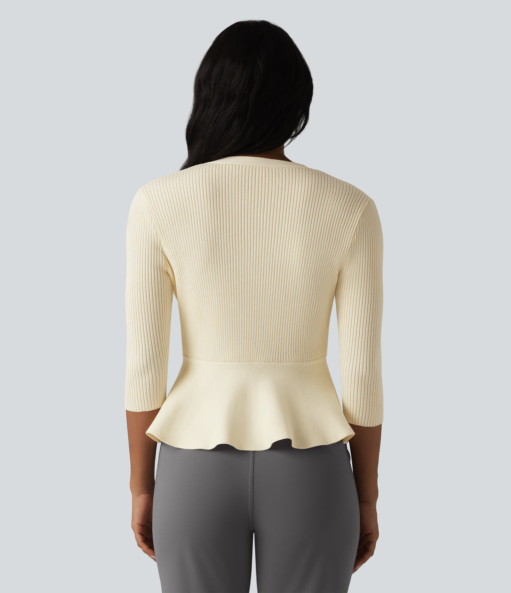 V Neck 3/4 Sleeve Work Peplum Cardigan — Buttercream — view 2