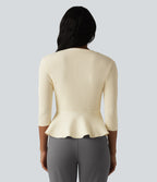 V Neck 3/4 Sleeve Work Peplum Cardigan — Buttercream — view 2