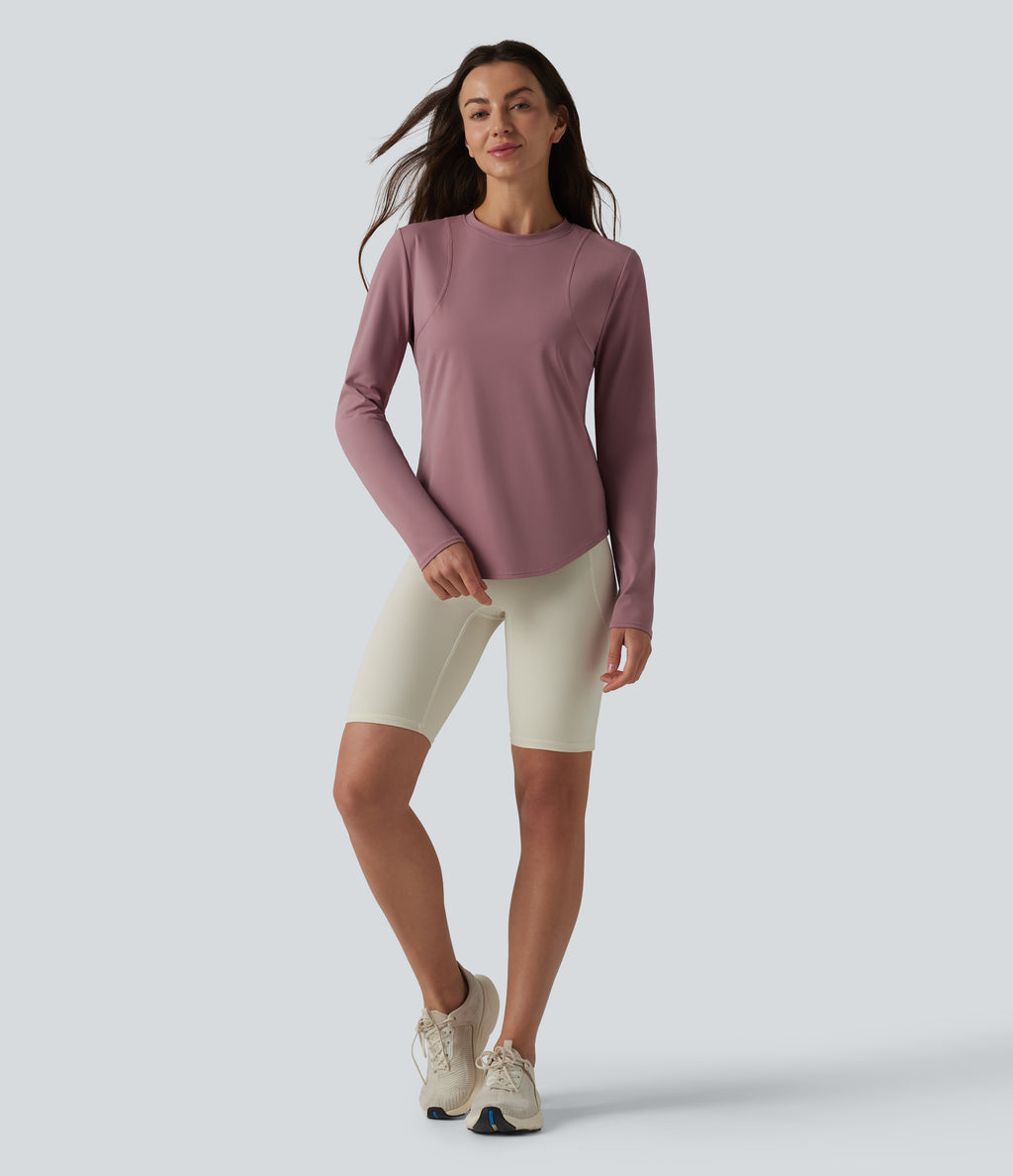 Round Neck Long Sleeve Curved Hem Eyelet InstantCool Quick Dry Running Sports Top-UPF50+ — Nostalgia Rose — view 7