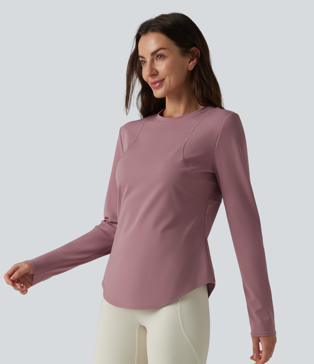 Round Neck Long Sleeve Curved Hem Eyelet InstantCool Quick Dry Running Sports Top-UPF50+ — Nostalgia Rose — view 3