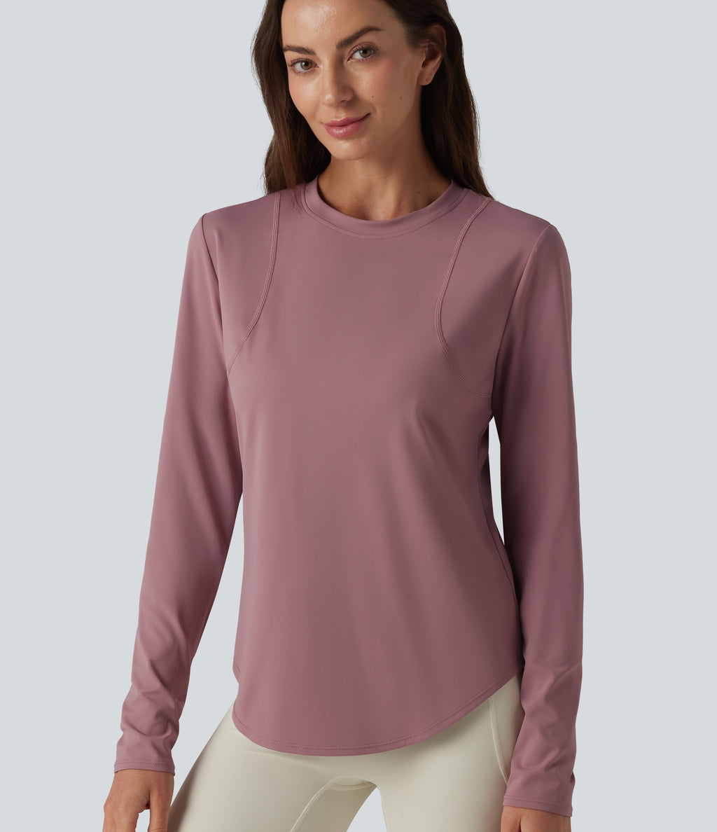 Round Neck Long Sleeve Curved Hem Eyelet InstantCool Quick Dry Running Sports Top-UPF50+ — Nostalgia Rose — view 4