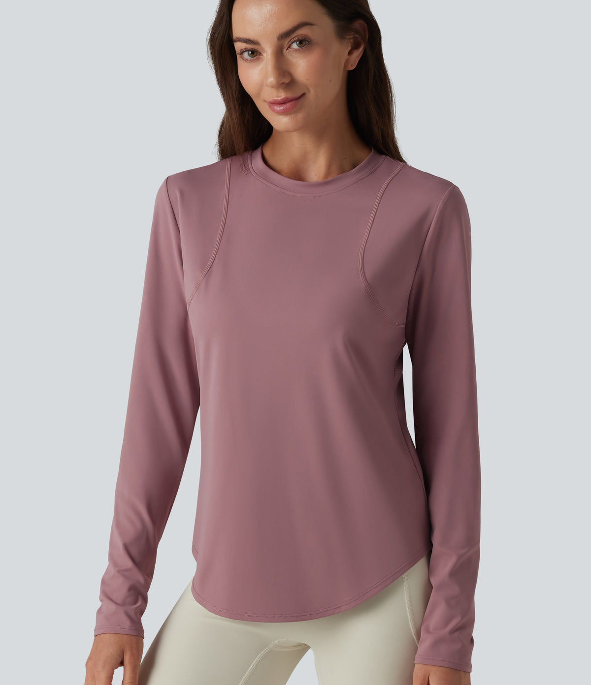 Round Neck Long Sleeve Curved Hem Eyelet InstantCool Quick Dry Running Sports Top-UPF50+ — Nostalgia Rose — view 4