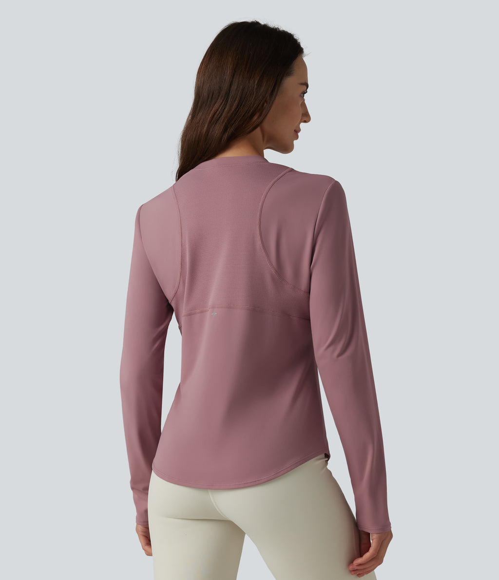 Round Neck Long Sleeve Curved Hem Eyelet InstantCool Quick Dry Running Sports Top-UPF50+ — Nostalgia Rose — view 2