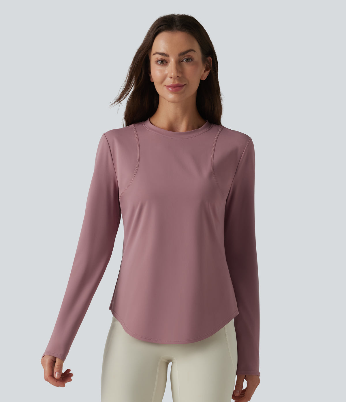 Round Neck Long Sleeve Curved Hem Eyelet InstantCool Quick Dry Running Sports Top-UPF50+ — Nostalgia Rose — view 1