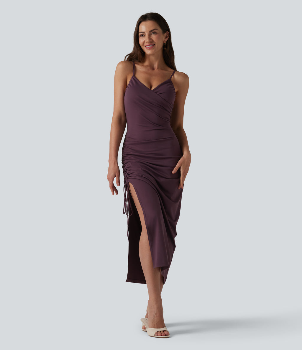 V Neck Non-Removable Pad Ruched Drawstring Bodycon Midi Dress — Plum Wine — view 4